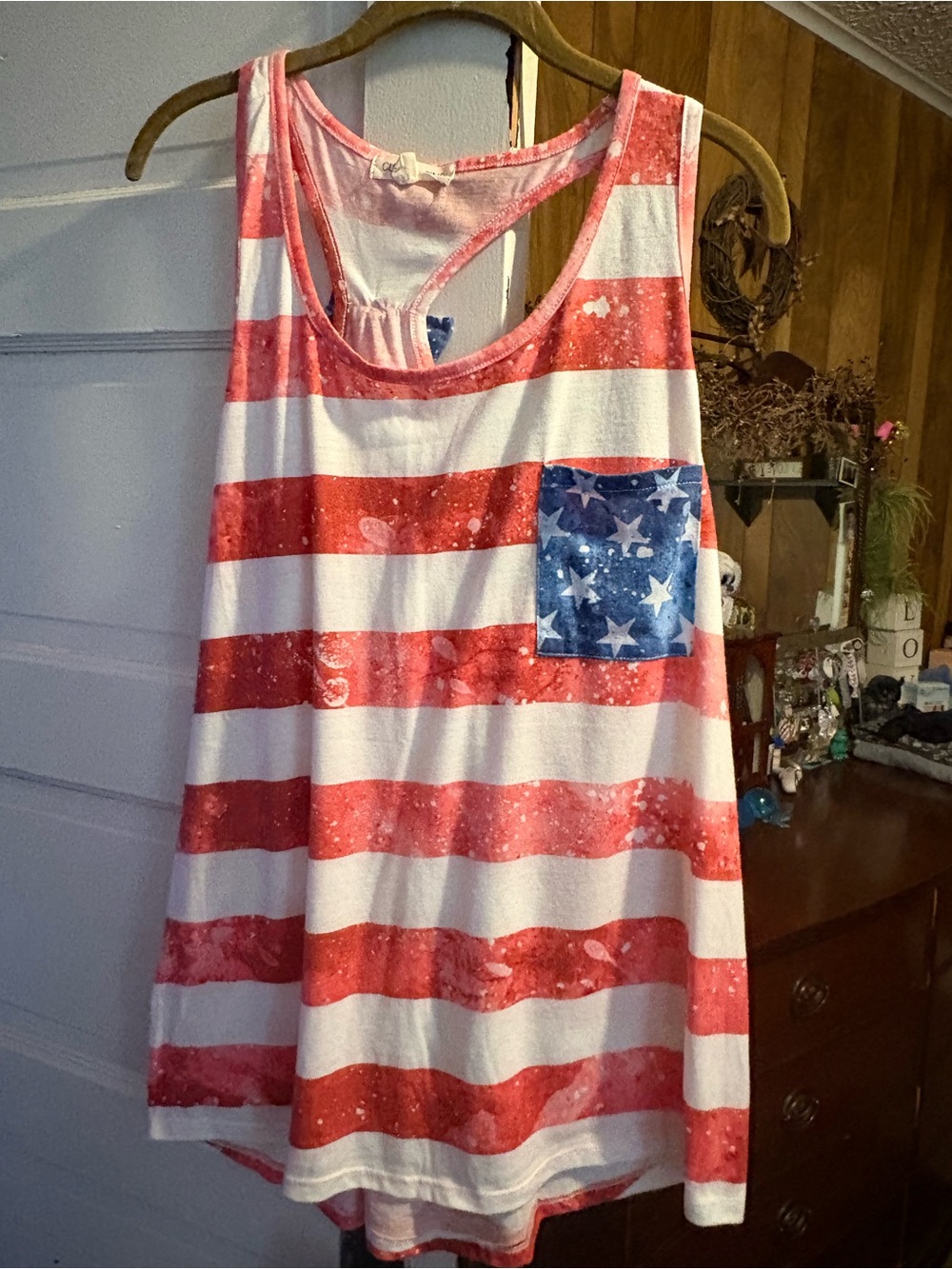 Women’s Red & White Striped Tank Top with Blue Star Pocket
